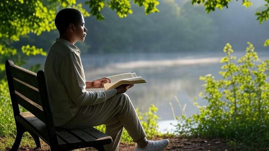 Lone figure reading a book by a misty lake, surrounded by greenery, symbolizing introspection and personal growth inspired by Beyond the Wand.