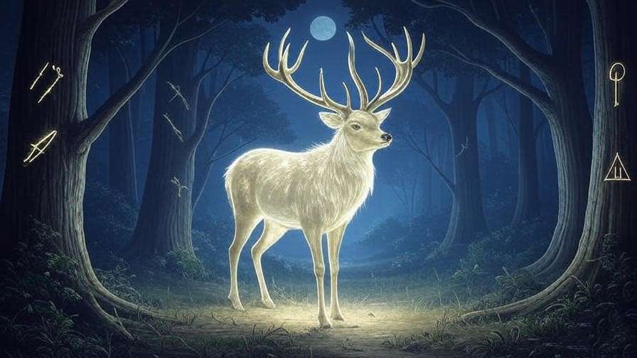 Mystical illustration of a stag Patronus with symbolic elements, showcasing symbolism in JK Rowling’s character development. 