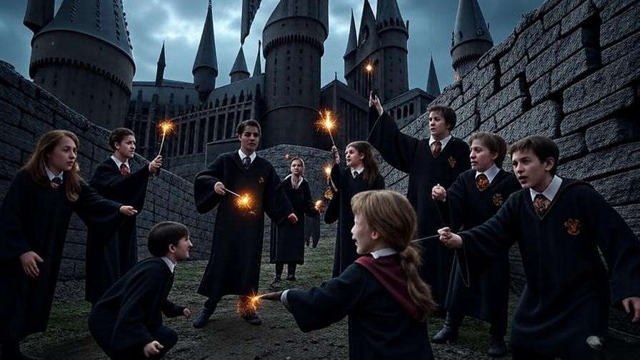 Hogwarts under siege with students and teachers rallying before the Battle.