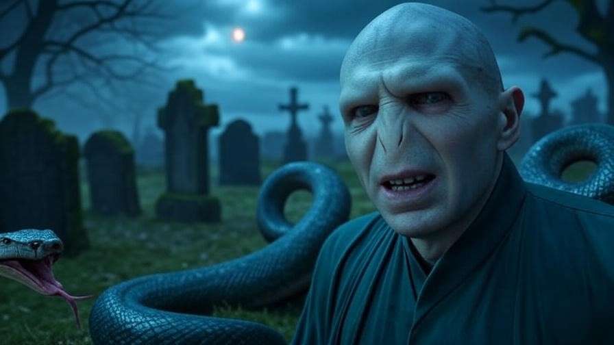 Ominous graveyard scene of Lord Voldemort with Nagini, a key Harry Potter character and villain.