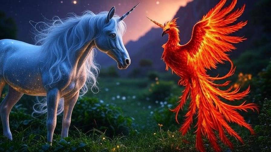Person meditating with visualized unicorn, glowing horn, spiritual growth in forest setting.