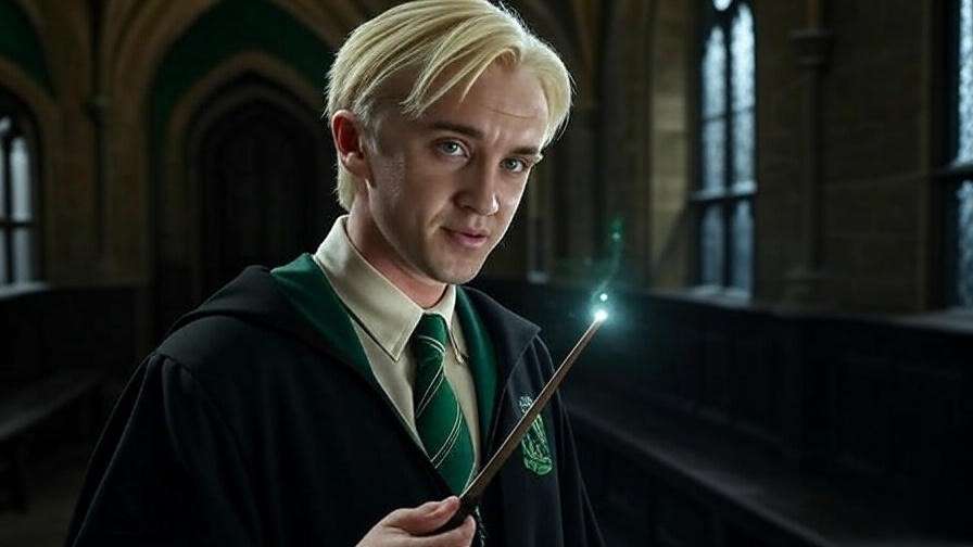 Young actor as Draco Malfoy in a Hogwarts hallway, holding a wand, with Slytherin green accents and gothic architecture.