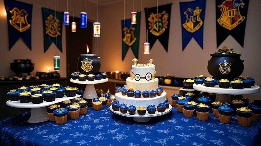 Harry Potter-themed party setup with a birthday cake centerpiece, house banners, and floating candles. 