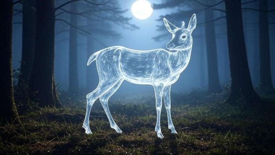 A silver doe Patronus glowing in a misty, moonlit forest, symbolizing Severus Snape’s love for Lily Potter in Harry Potter. 