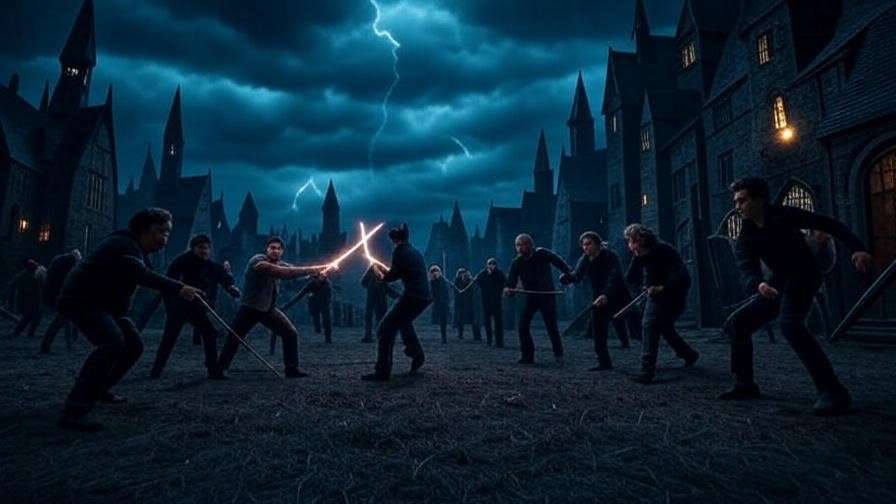 Hogsmeade during the Battle of Hogwarts with magical duels.