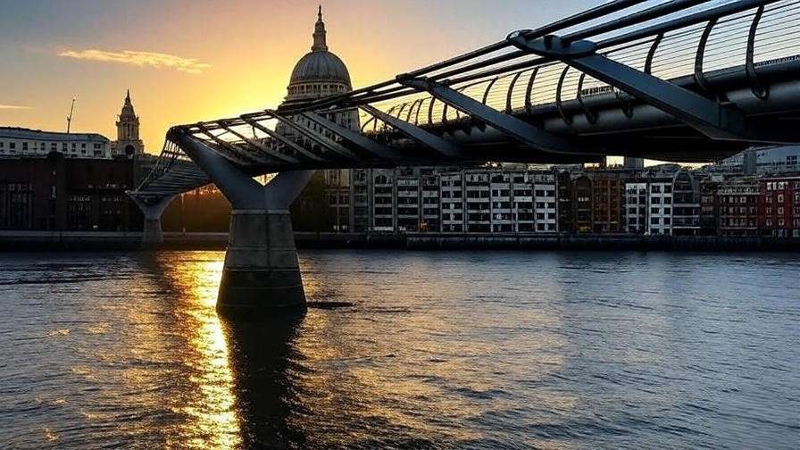 Millennium Bridge, a Harry Potter filming location in London, with St. Paul’s Cathedral and the Thames River at sunset. 
