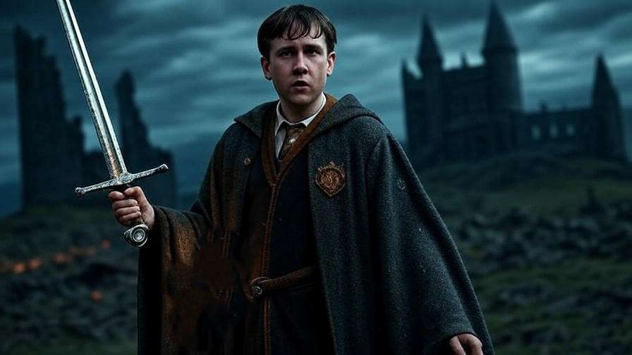 Illustration of Neville Longbottom on a battlefield, symbolizing dynamic character arcs in JK Rowling’s character development. 