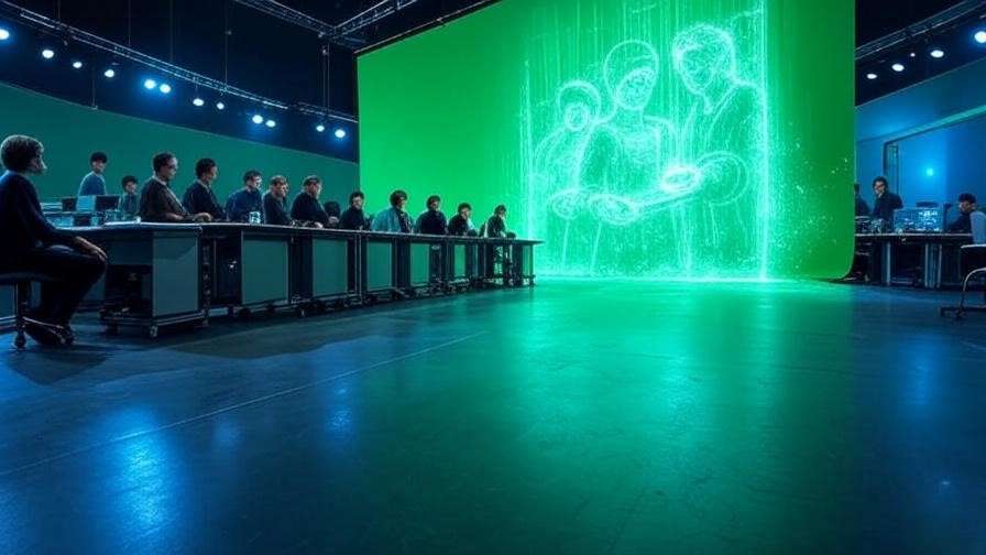 Futuristic film studio with CGI workstations for Harry Potter movie technology.