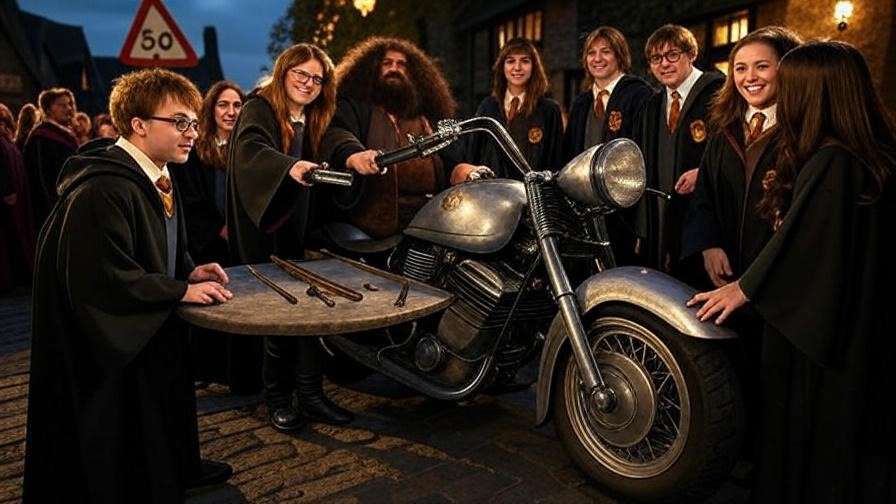 Harry Potter fans gathering near Hagrid’s motorbike replica, celebrating the 50 mph thrill of the adventure ride. 