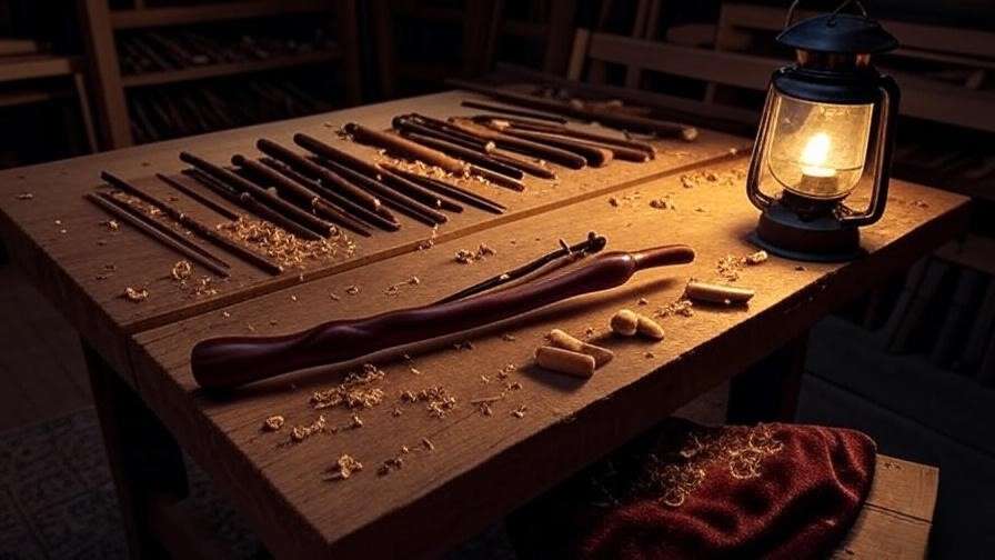 Workbench with wand-crafting tools and a partially carved caoba wand, showcasing mahogany’s craftsmanship for Harry Potter fans.