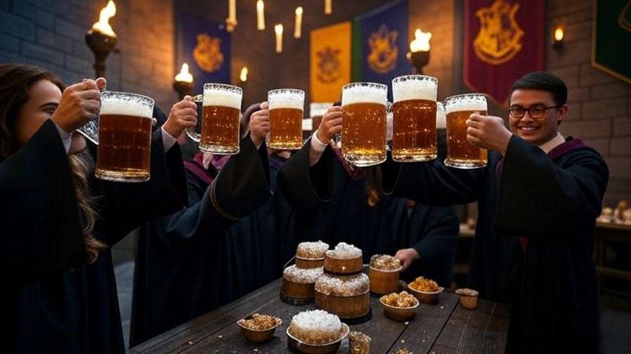 Harry Potter-themed party with guests toasting butterscotch beer mugs and Hogwarts house banners in the background.