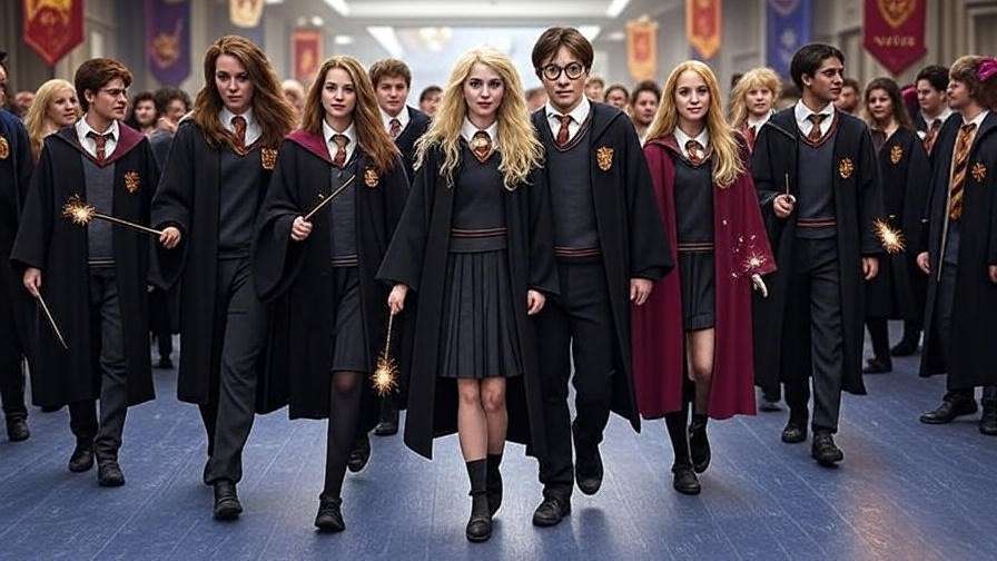 Vibrant Harry Potter cosplay parade with characters like Harry, Hermione, and Luna in a convention hall with magical props.