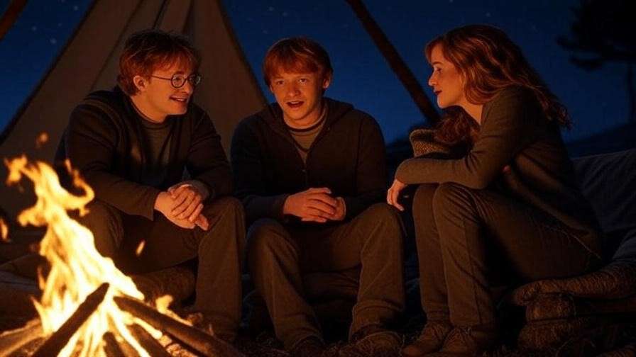 Heartwarming scene of Harry, Ron, and Hermione by a campfire, illustrating relationships in JK Rowling’s character development. 