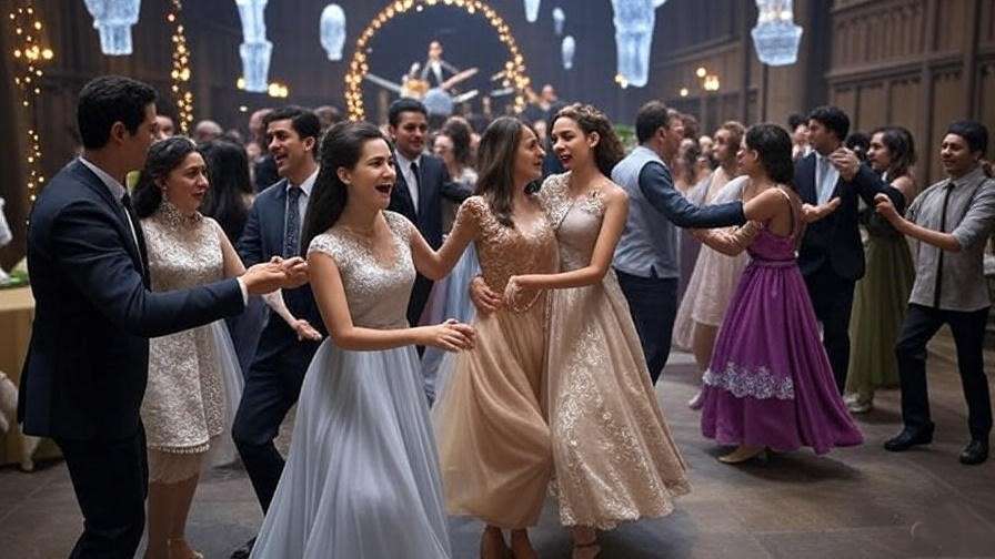 Enchanting Yule Ball scene in a Harry Potter roleplay, with dancers in robes and a festive Hogwarts Great Hall setting. 