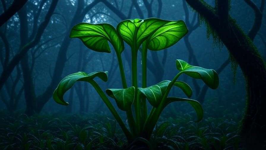 Cobra lily glowing in the Forbidden Forest of Harry Potter with misty trees. 