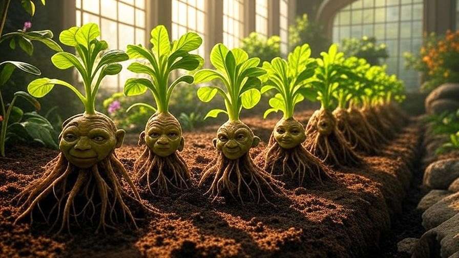 A row of potted Mandrake plants with humanoid roots in a sunlit Hogwarts greenhouse, showcasing their magical and eerie appearance.