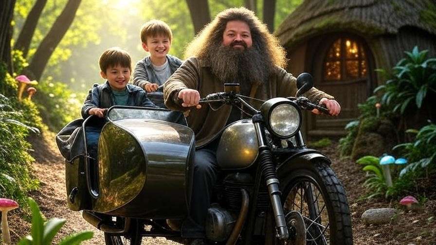 Family enjoying Hagrid’s Motorbike Adventure on the motorbike and sidecar, highlighting its suitability for Harry Potter fans of all ages. 