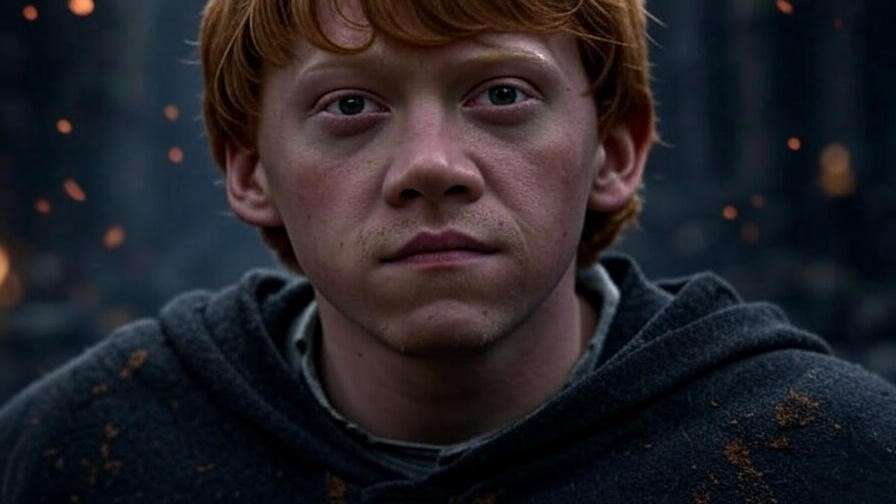 Ron Weasley, standing with a determined look on his face, wearing a dusk hoody in a dusky environment.