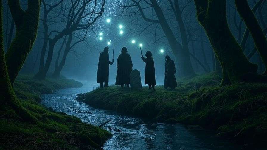 Mystical forest scene with three figures holding wand, stone, and cloak, misty and magical, representing the Tale of the Three Brothers. 