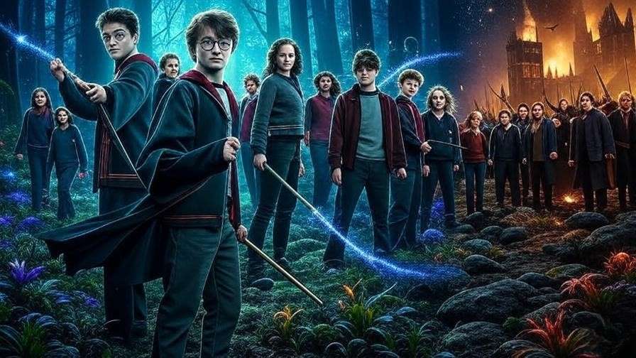 Montage of Harry Potter movie scenes including Triwizard Tournament and Battle of Hogwarts in an enchanted forest.