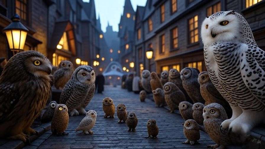 Snowy Owl delivering letters on a wizarding street with Eeylops Owl Emporium, reflecting owl culture in Harry Potter. 