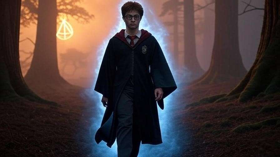 Ethereal image of Harry Potter walking into the Forbidden Forest, symbolizing his self-sacrifice as a hero. 