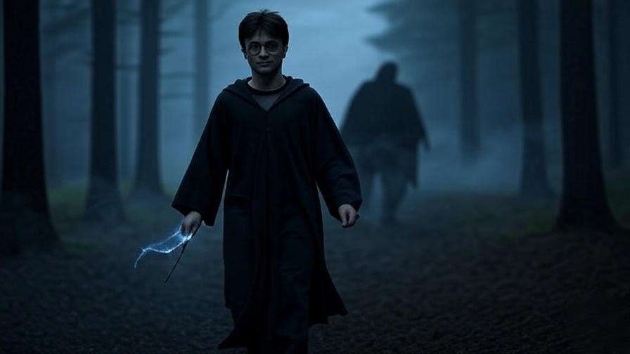 Harry Potter walking into the Forbidden Forest facing Voldemort’s silhouette.