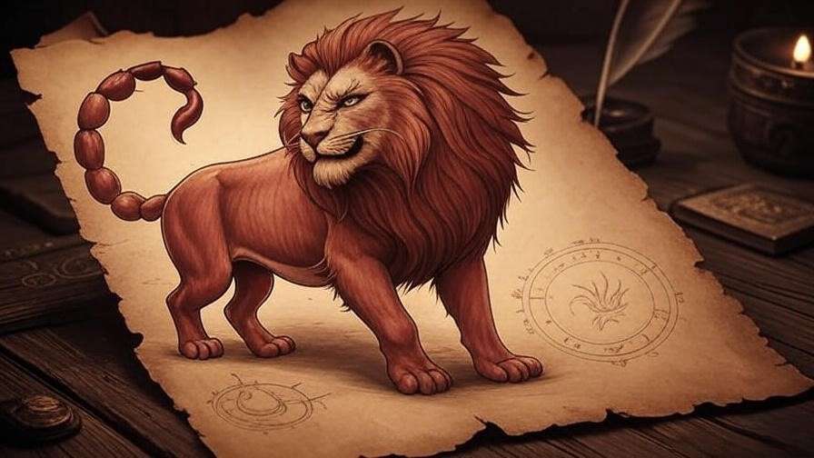 Detailed sketch of a manticore with lion body, human face, and scorpion tail from Harry Potter’s Fantastic Beasts.