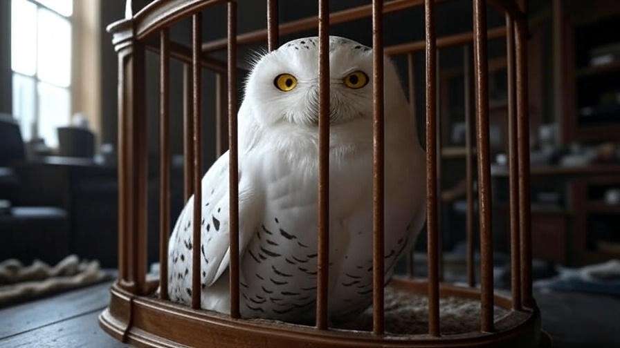 Close-up of Hedwig, a Snowy Owl, perched in a wooden cage at Privet Drive, highlighting her elegance in Harry Potter. 
