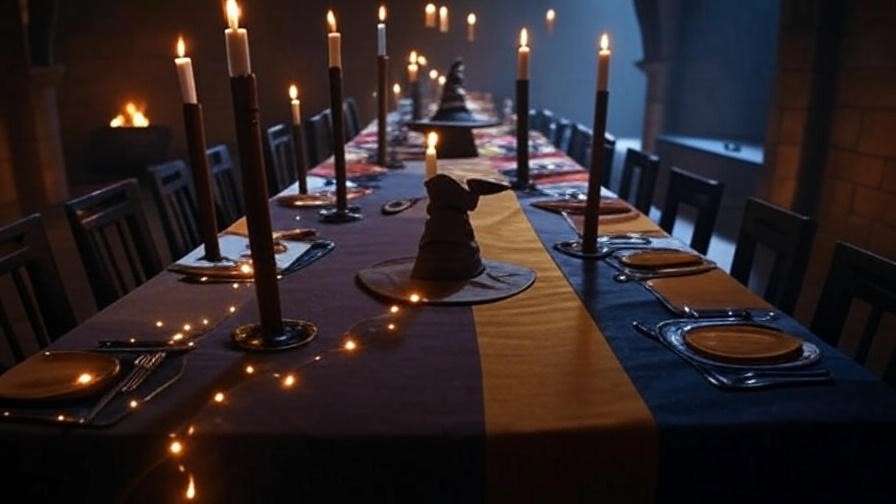 A Hogwarts-inspired room with a decorated table, floating candles, and a Sorting Hat, creating a magical atmosphere for a Harry Potter party.