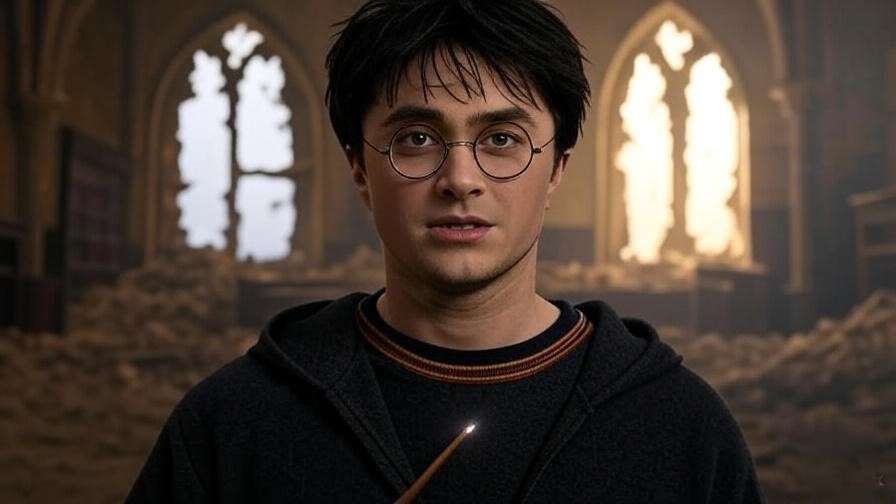 Cinematic image of Harry Potter in the Great Hall, showcasing his triumph as a key Harry Potter character.