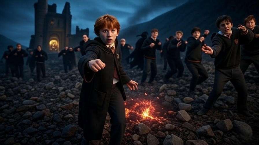 Ron Weasley courageously defending Hogwarts with peers against Death Eaters.