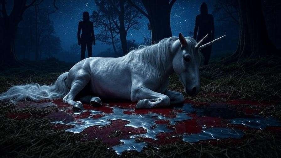 Slain unicorn with silver blood in Forbidden Forest, shadowy figure, mystical Harry Potter scene.