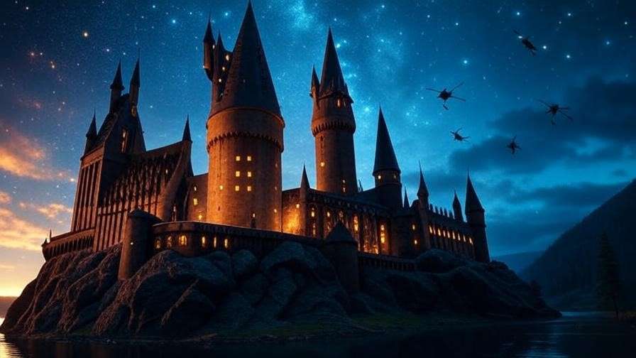 Magical Hogwarts Castle at twilight with broomsticks flying, representing the Harry Potter film origins.
