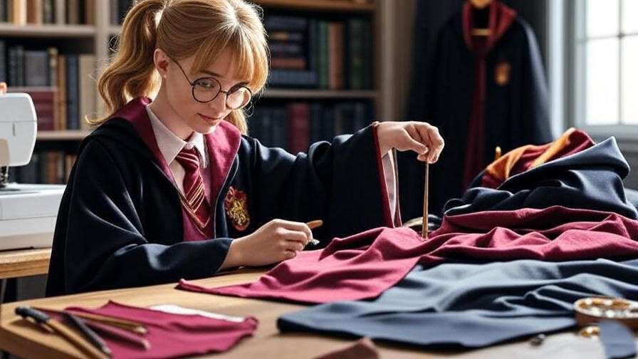 Cosplayer sewing Gryffindor robe and crafting wand in a workspace with Harry Potter books.