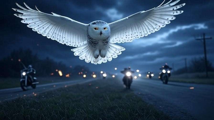 Hedwig, a Snowy Owl, in flight during a chaotic escape from Privet Drive, symbolizing her sacrifice in Harry Potter. 