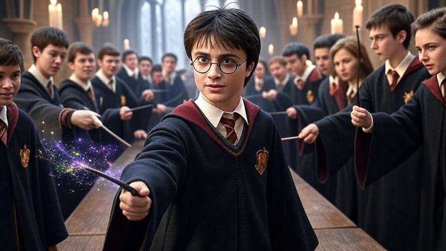 Harry Potter leading Dumbledore’s Army in a Hogwarts classroom, students practicing spells.