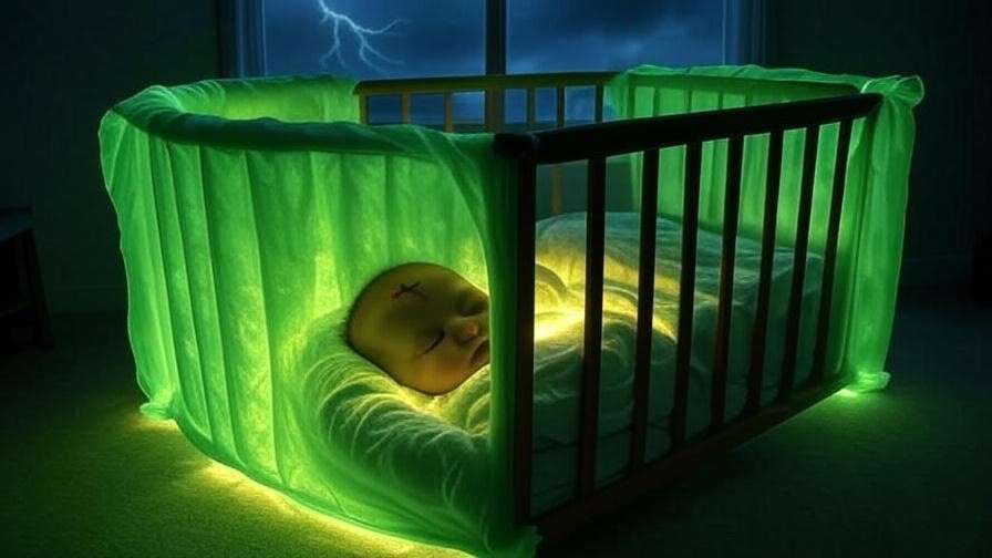 Glowing green barrier around crib with lightning-scarred infant, symbolizing sacrificial love in Harry Potter.