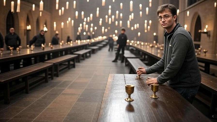 Great Hall set design with director overseeing Hogwarts construction, magical ambiance