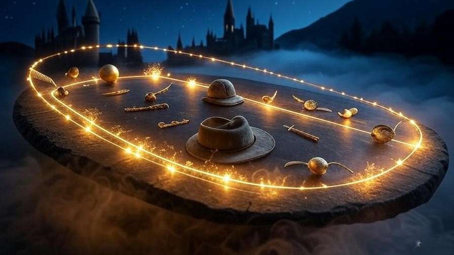 Timeline of Harry Potter magical artifacts over Hogwarts castle illustrating the series history