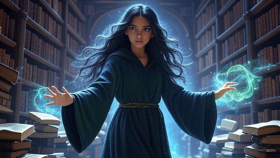 Young witch casting spell in magical library representing Hermione Granger's empowerment and activism.