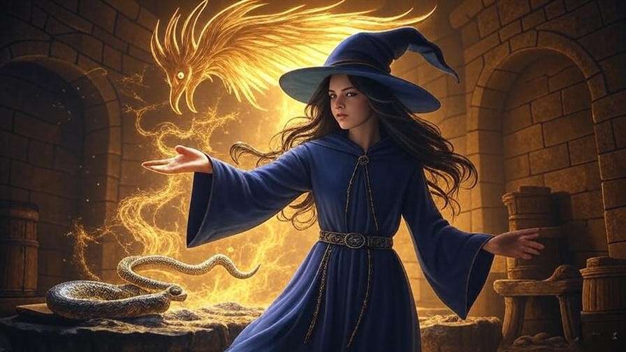 Serpent transforming into phoenix in dungeon illustrating Draco Malfoy's redemption theme in Harry Potter.