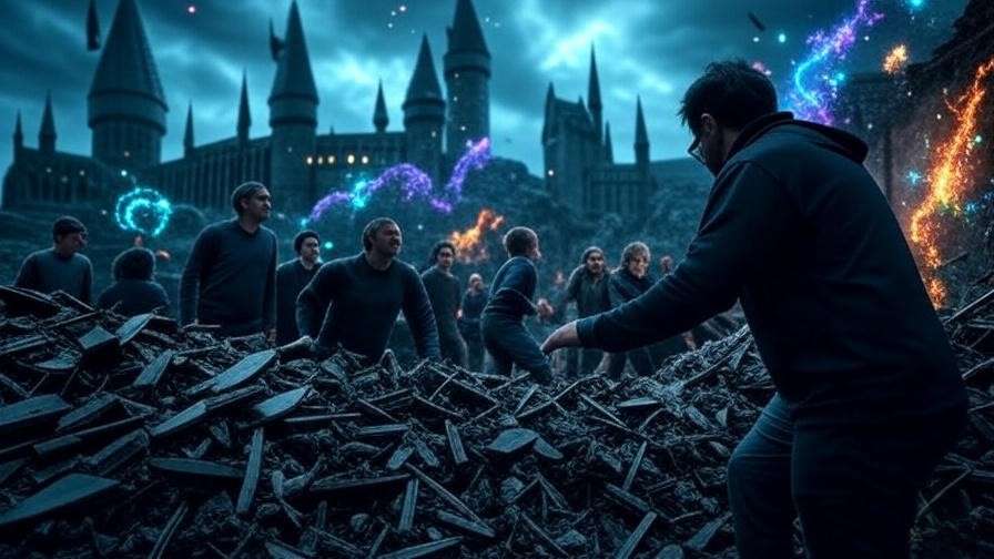 Director guiding actors during the Battle of Hogwarts with spell effects