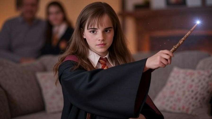 Hermione Granger cosplayer casting memory charm to protect parents in a cozy room