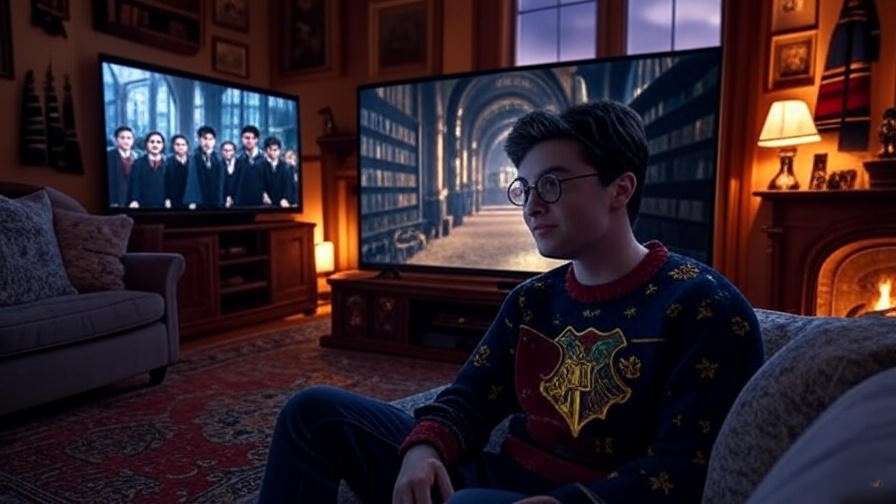 Fan rewatching Harry Potter with Hogwarts-themed decor