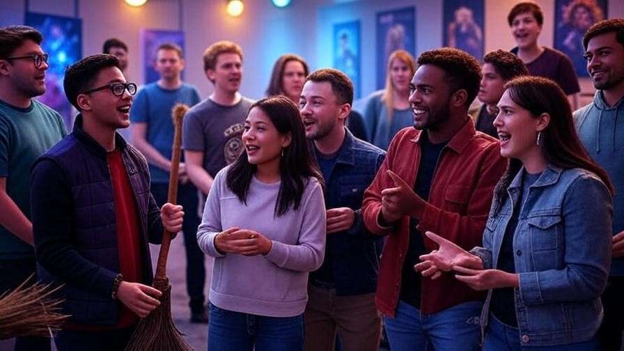 Fans discussing Harry Potter with director posters and magical props.