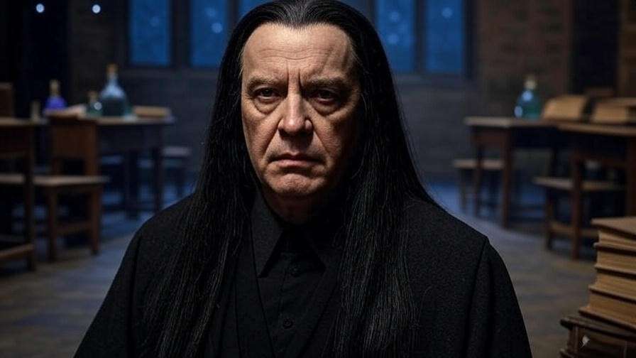 Dramatic portrayal of Alan Rickman transitioning from theater to Severus Snape in Hogwarts classroom
