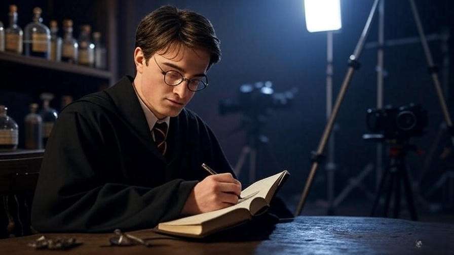  Moody backstage image of Alan Rickman writing in a journal on a Hogwarts set