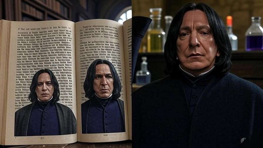 Artistic comparison of book and film Severus Snape with potion-filled set