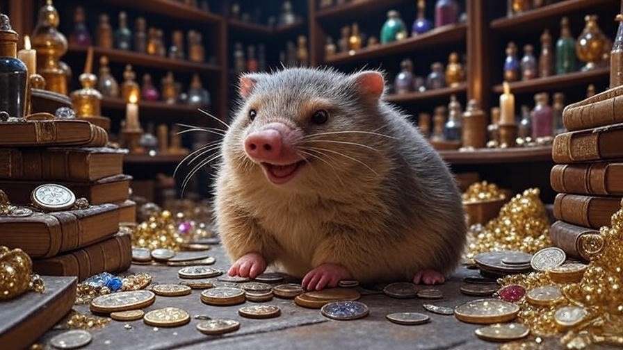 A playful Niffler hunting for shiny treasures in a cluttered wizarding shop, surrounded by coins and magical artifacts in a vibrant Harry Potter scene.